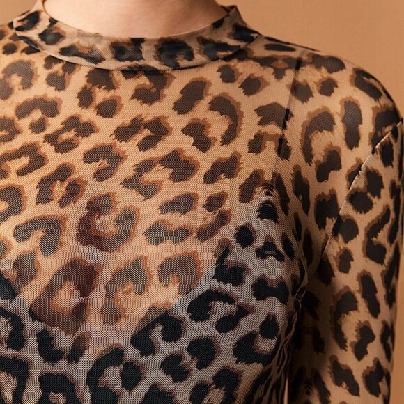 Brown Casual Women's Leopard Print Mesh Top - Picture 2 of 10